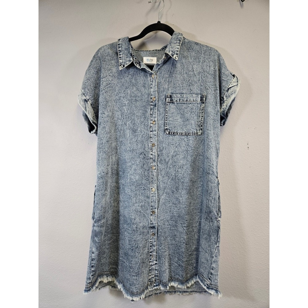 Bluivy Acid Wash Denim Button Down Raw Hem Shirt Dress S